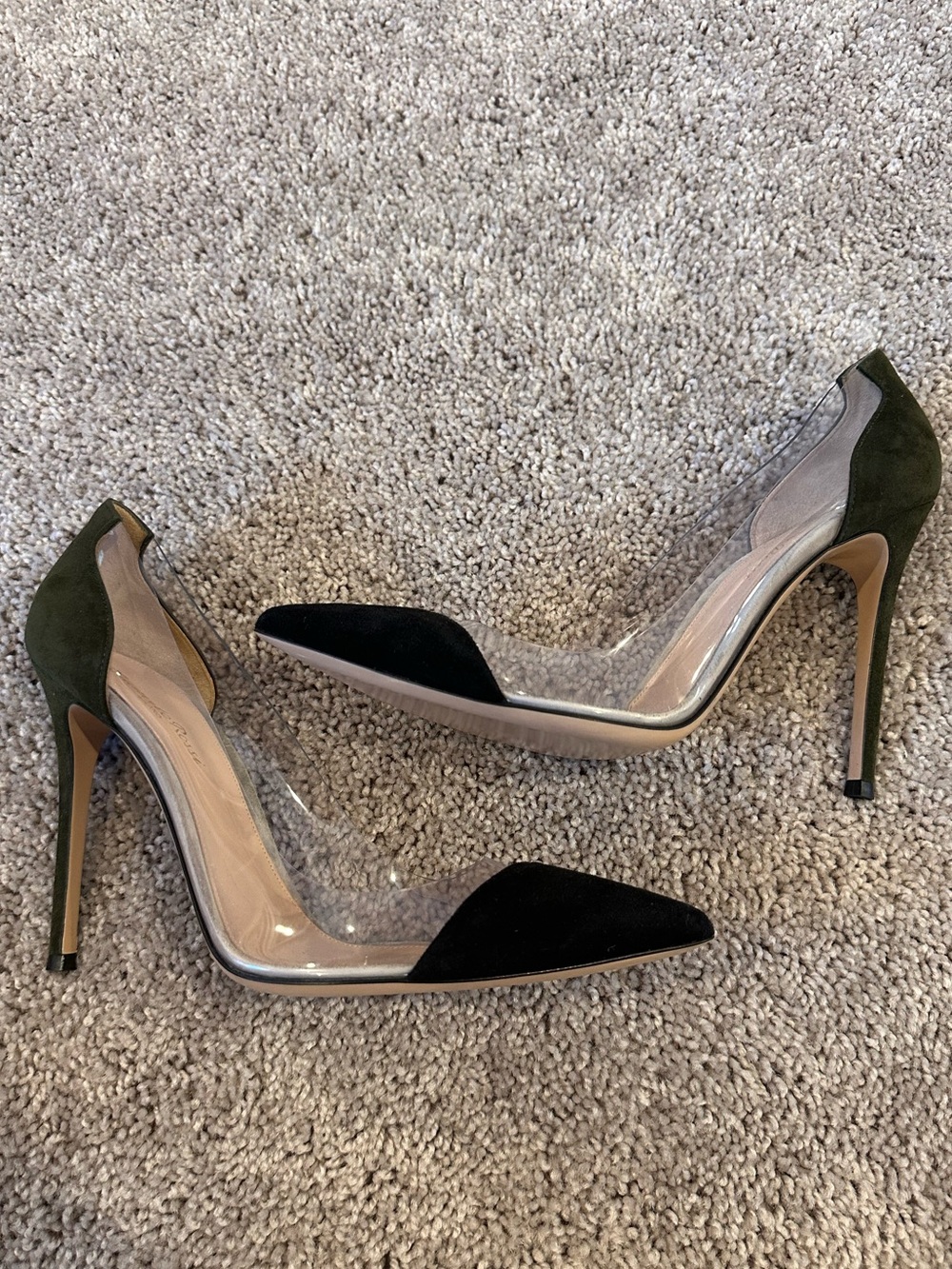 Gianvito Rossi Plexi Clear-Panel Stiletto Pump in Black and Olive Suede